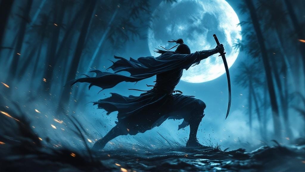 Swift samurai warrior with katana in motion