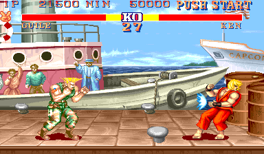 Guile throwing a Sonic Boom in Street Fighter II arcade