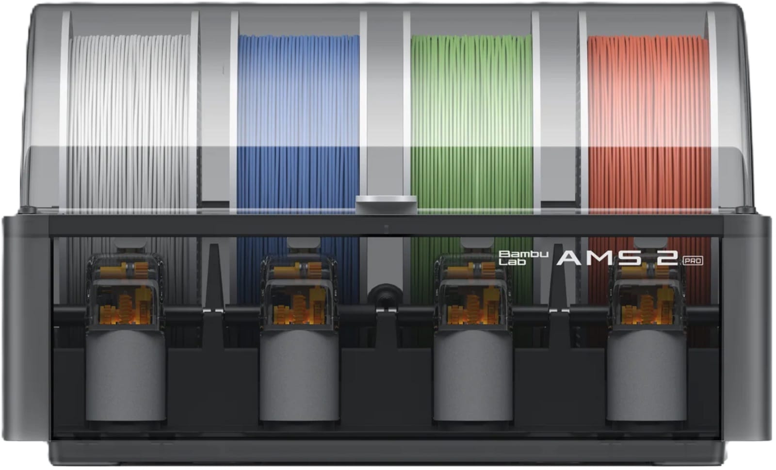 Bambu Lab AMS 2 Pro front view with four filament spools loaded