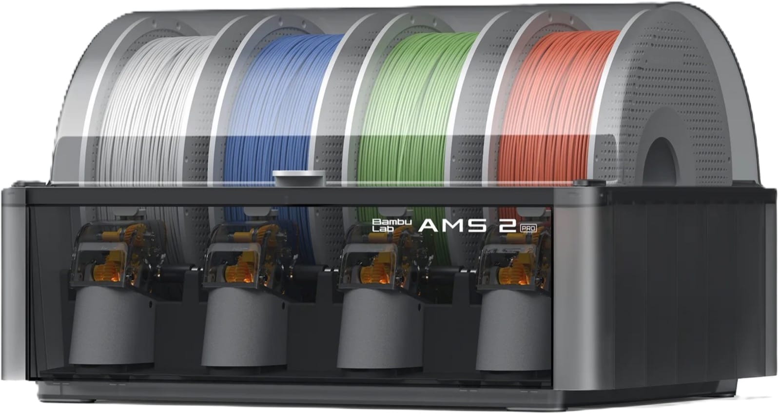 Multiple Bambu AMS 2 Pro units arranged for daisy-chain multi-color printing
