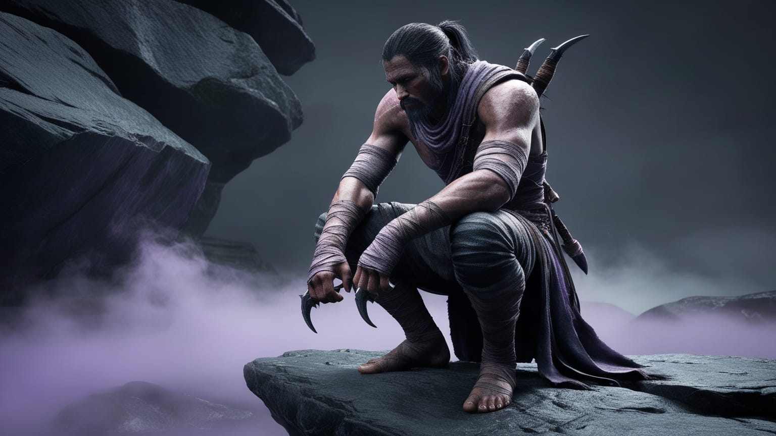 C-tier Elden Ring fist weapon build in cool purple-grey mist