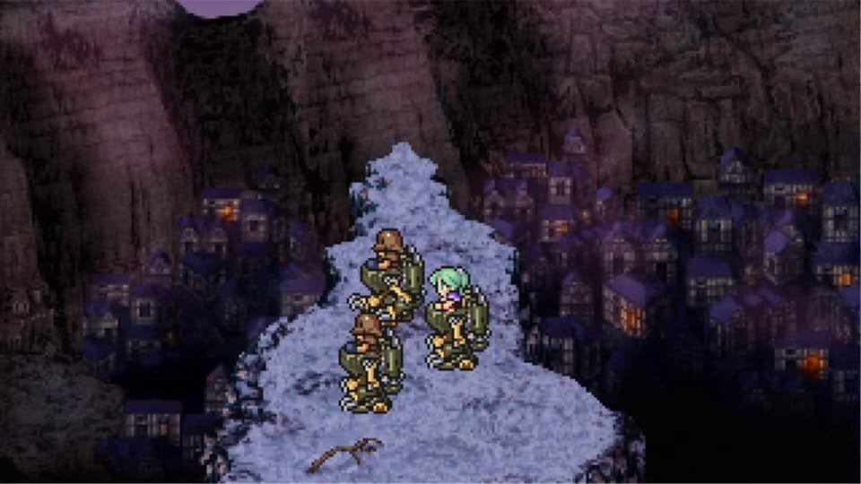 Final Fantasy VI Pixel Remaster opening sequence — Terra in Magitek armor flanked by Imperial soldiers approaching Narshe through the snowy mountain pass