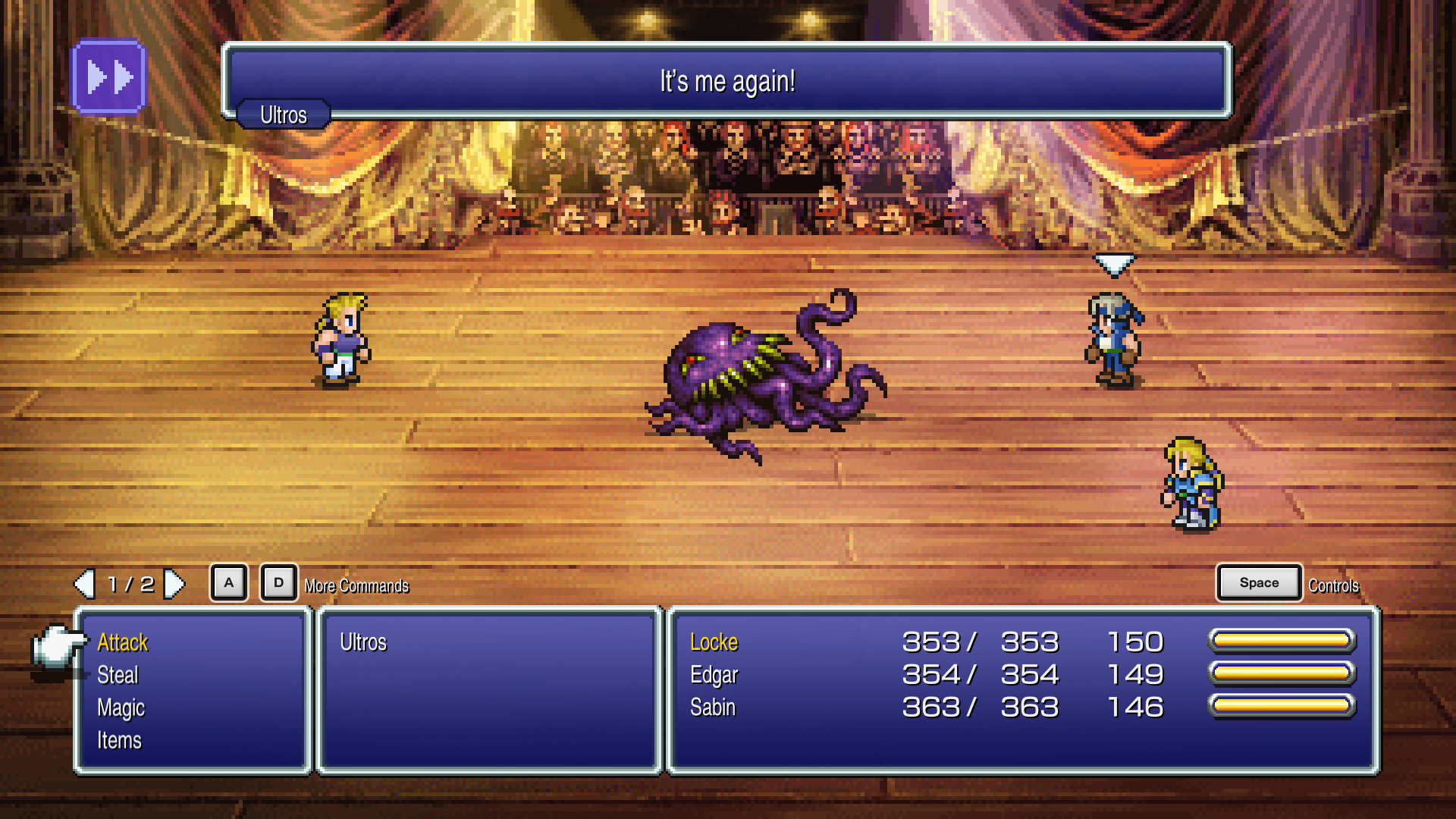 Final Fantasy VI Pixel Remaster combat: Locke, Edgar, and Sabin face off against Ultros on the opera-house stage with party HP shown in the battle UI