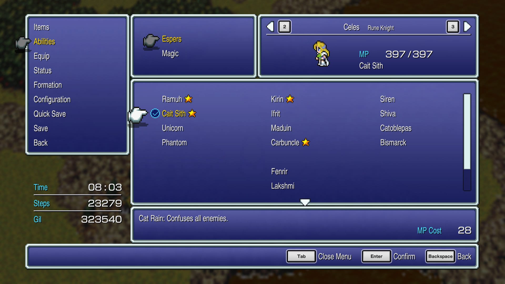 Pixel Remaster Esper-pairing menu for Celes with Cait Sith equipped, showing the full Esper roster including Maduin, Bahamut, Phantom, and Carbuncle