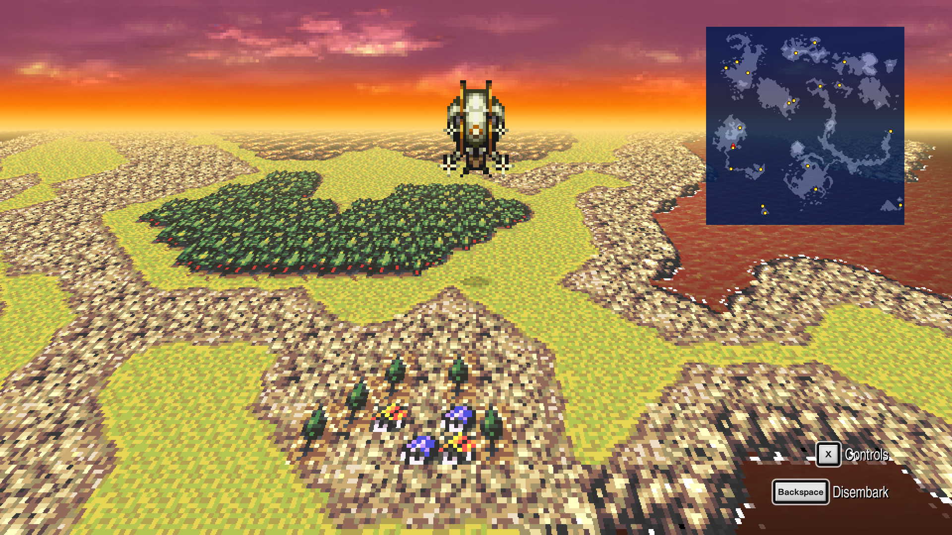 Final Fantasy VI Pixel Remaster World of Ruin overworld — a lone figure stands beneath a red sky on barren terrain with a Magitek armor unit nearby