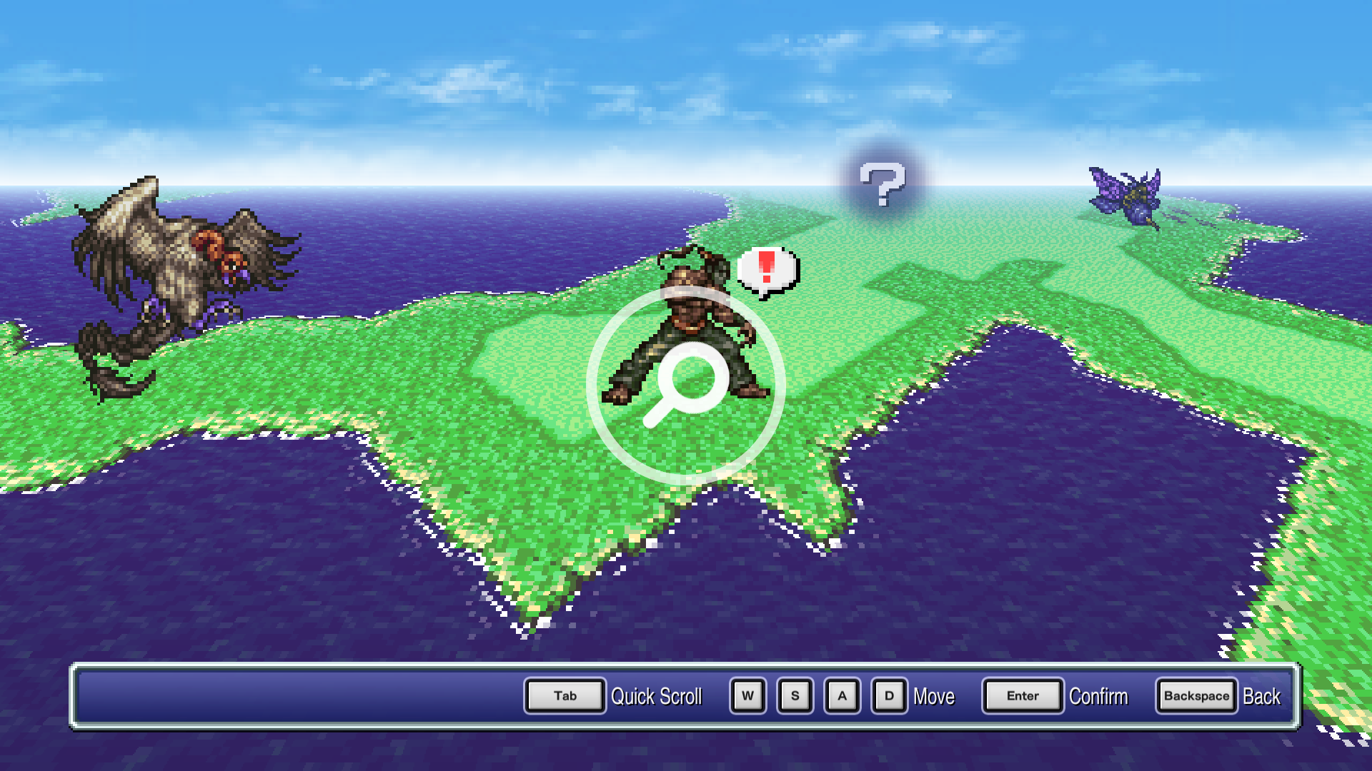 Final Fantasy VI Pixel Remaster world map showing the Veldt — a single character investigates near monster sprites, the location where Gau learns Rage abilities