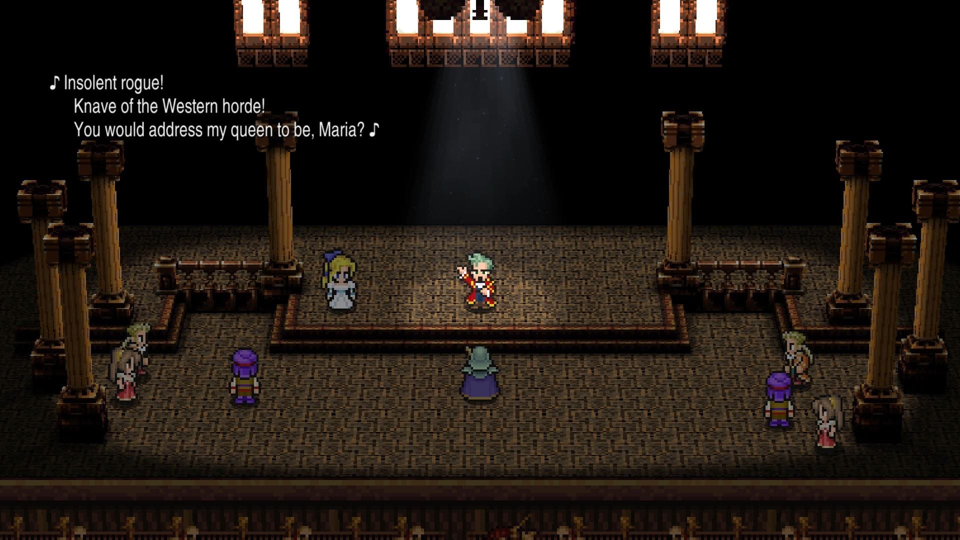 Final Fantasy VI Pixel Remaster Opera House sequence — Locke and Celes (as Maria) on stage with the ensemble watching, the lyric 'Insolent rogue! Knave of the Western horde!' overlaid