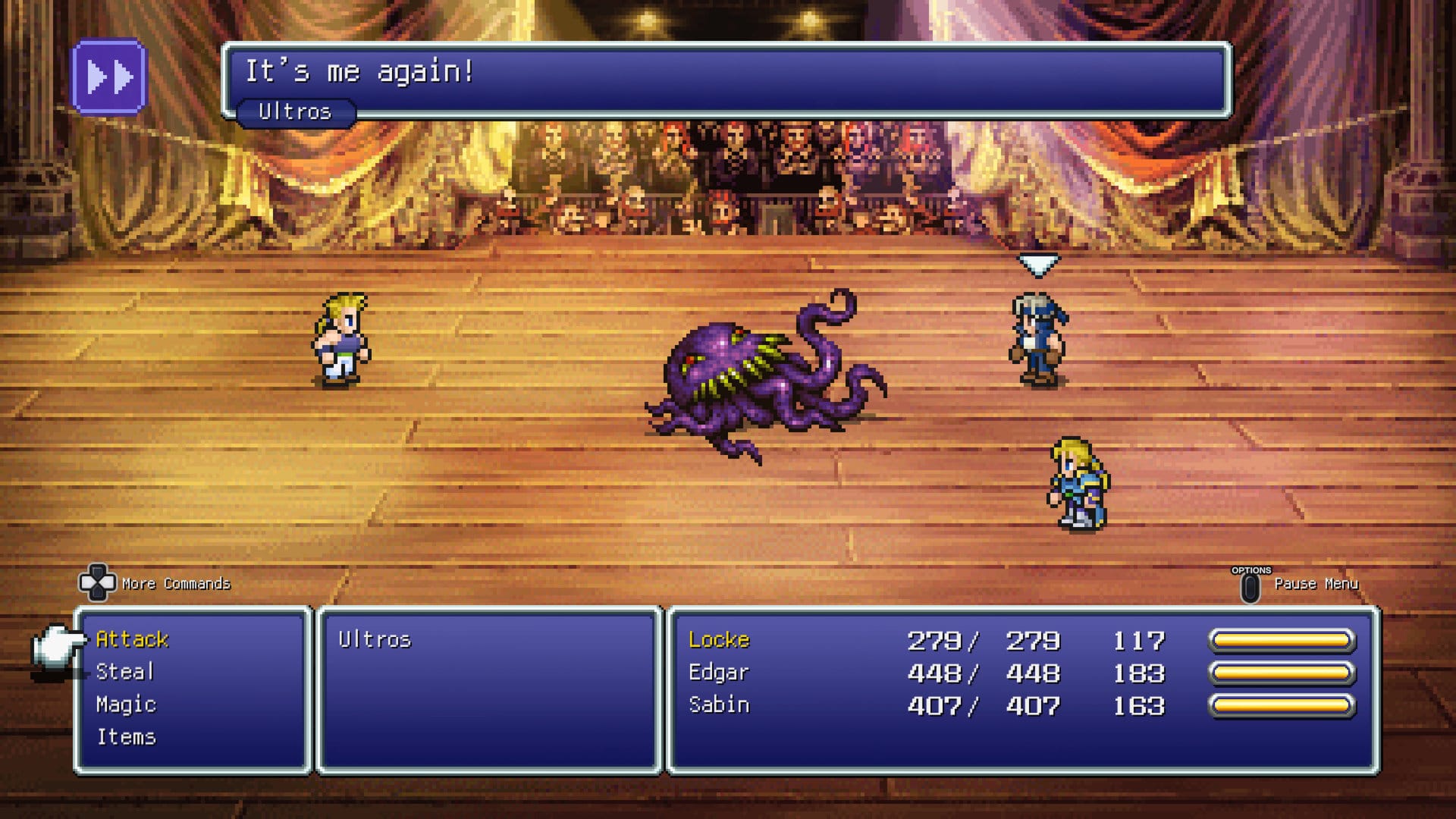 Final Fantasy VI Pixel Remaster battle screenshot — Locke, Edgar, and Sabin face Ultros on the Opera House stage with the combat UI visible