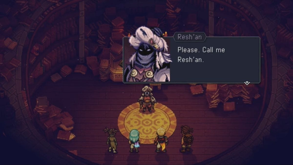 Resh'an the Immortal Alchemist in Sea of Stars, wearing his iconic turban and robes in the Great Archives