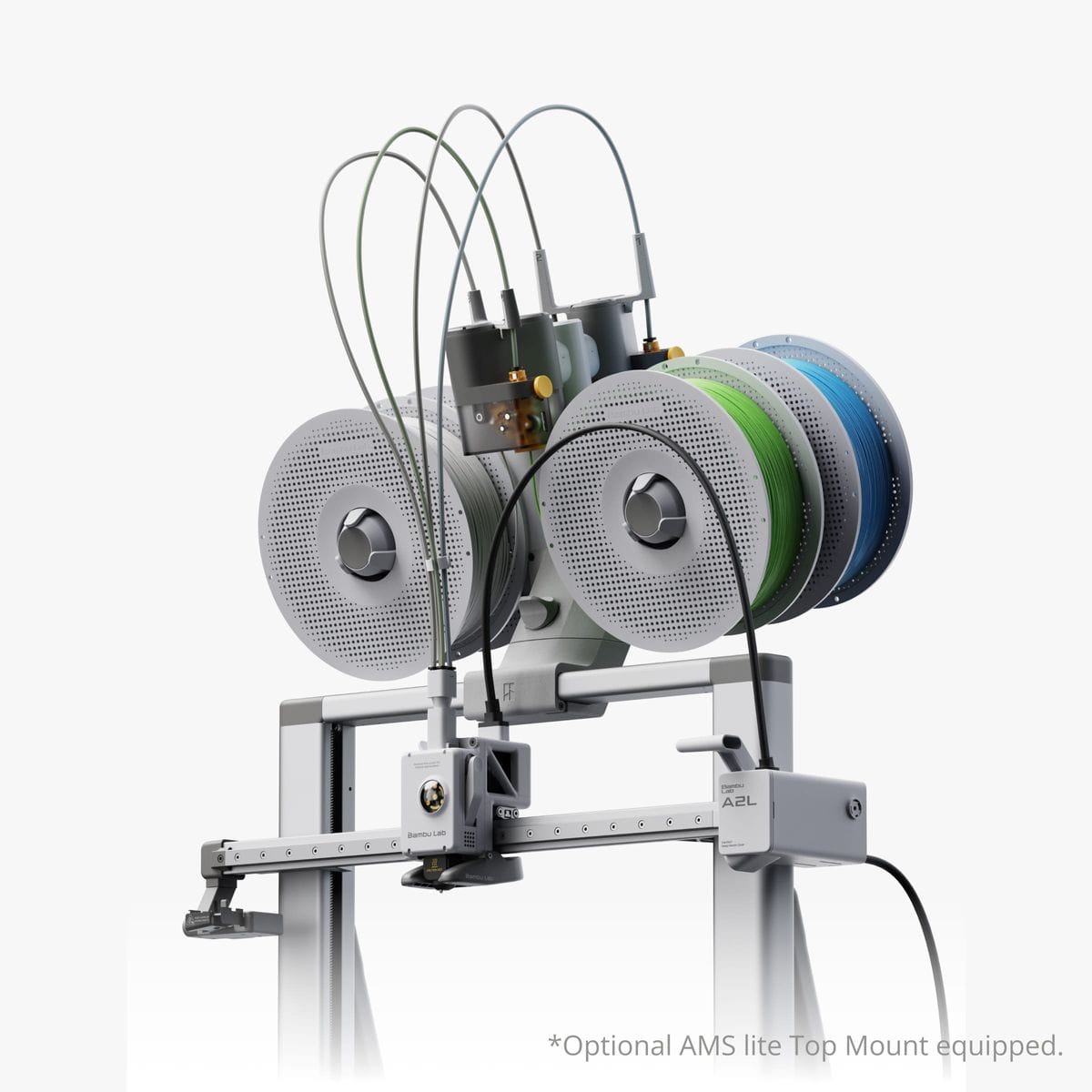 Bambu Lab A2L AMS lite top-mount with four filament spools, close-up