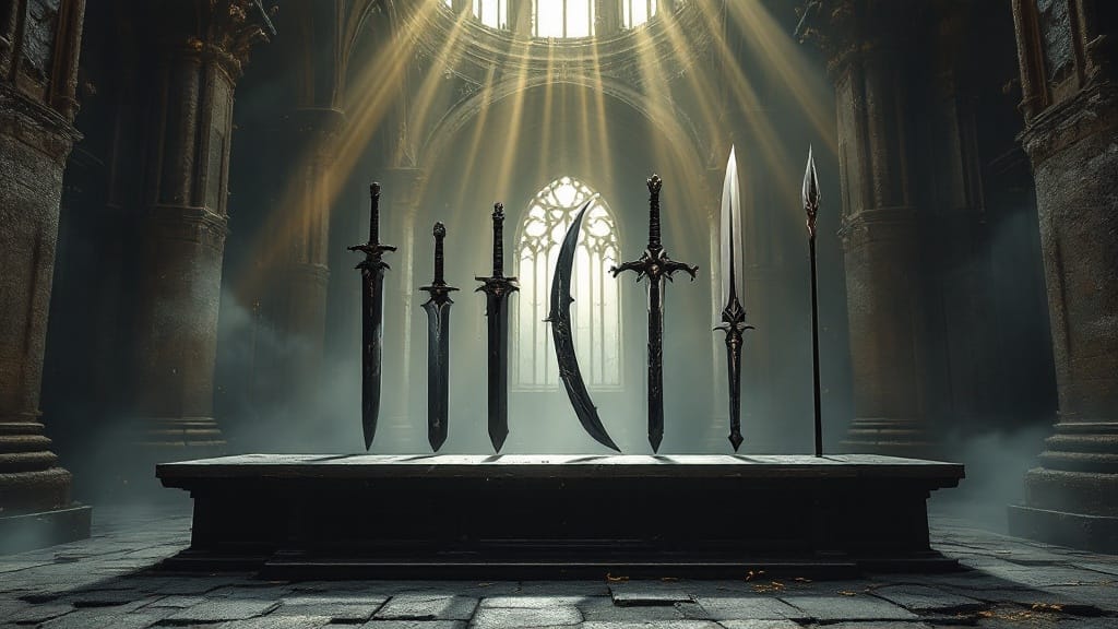 Dark fantasy weapon arsenal — katana, greatsword, twinblades and spear on a stone altar in a ruined cathedral
