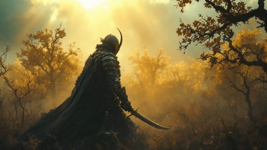 Armored warrior wielding twin backhand blades in a golden Shadow of the Erdtree field
