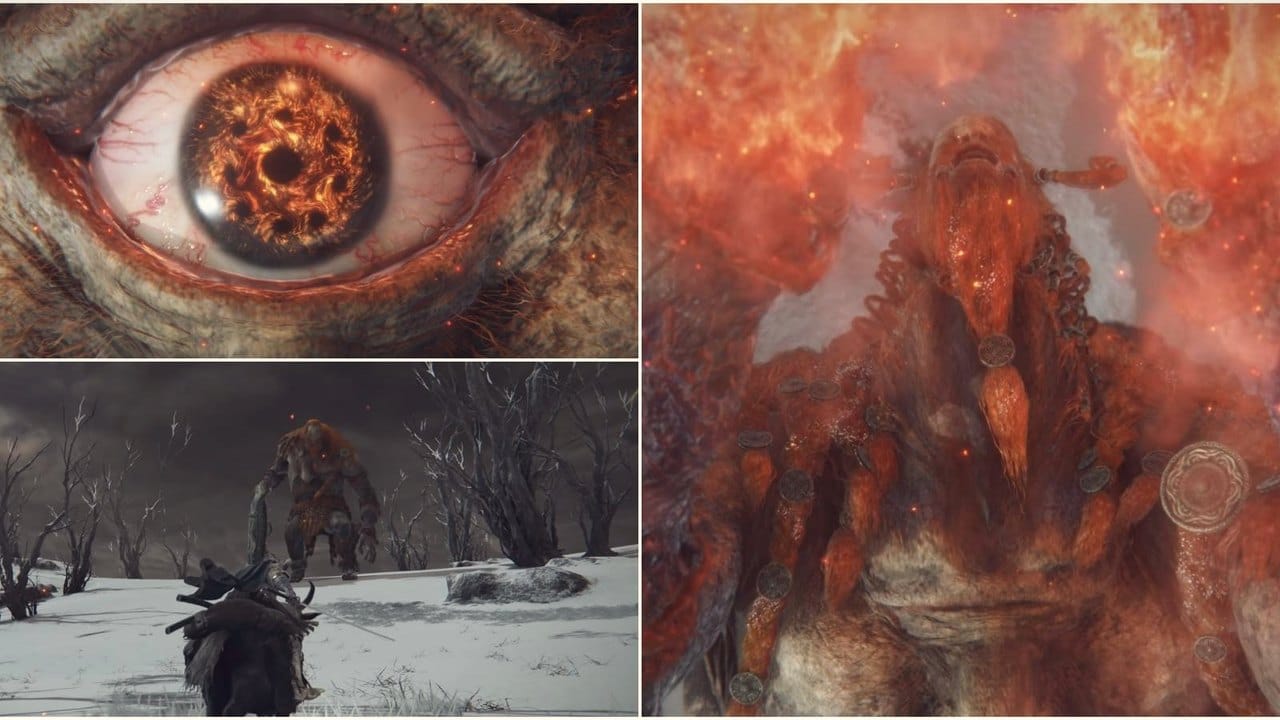 The Fire Giant boss in Elden Ring's snowfields