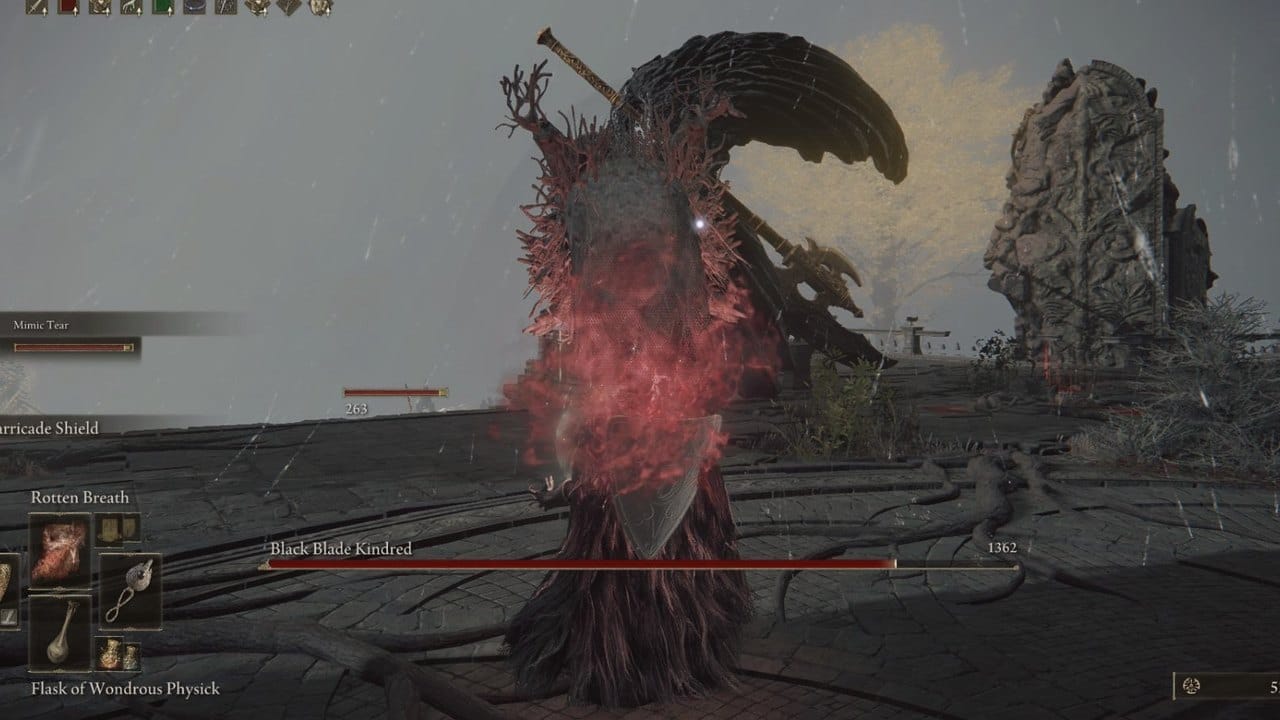A Tarnished breathing scarlet rot with the Rotten Breath dragon incantation in Elden Ring