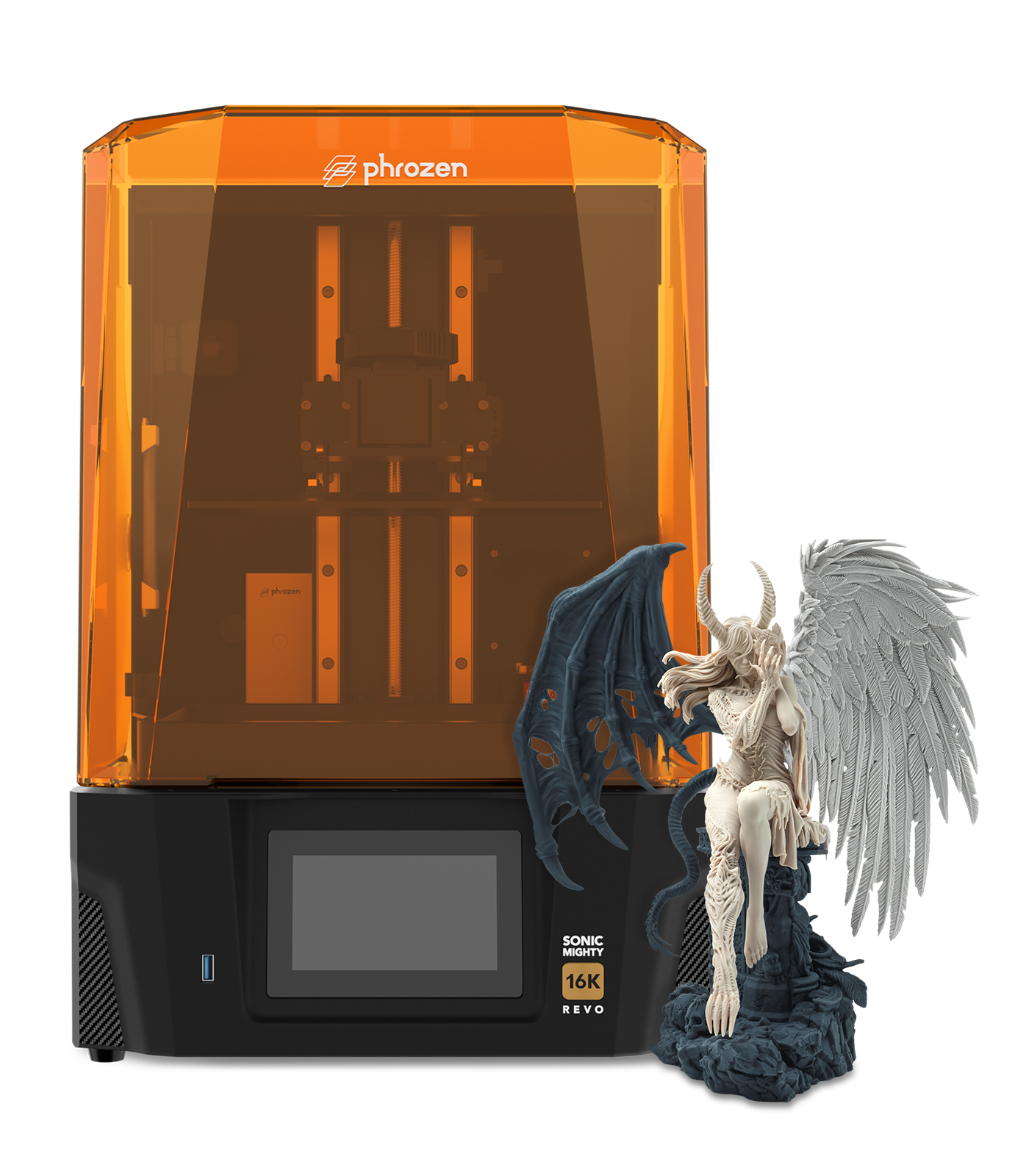 Phrozen Sonic Mighty 16K resin 3D printer with a detailed fantasy figure print — exactly the kind of detail you need for jewelry and cosplay accessories
