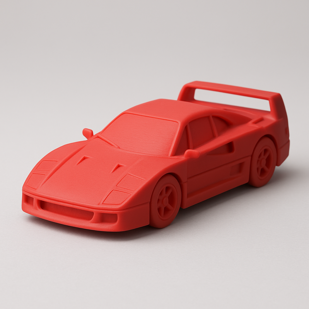 3D-printed Ferrari F40 model in red with rear wing