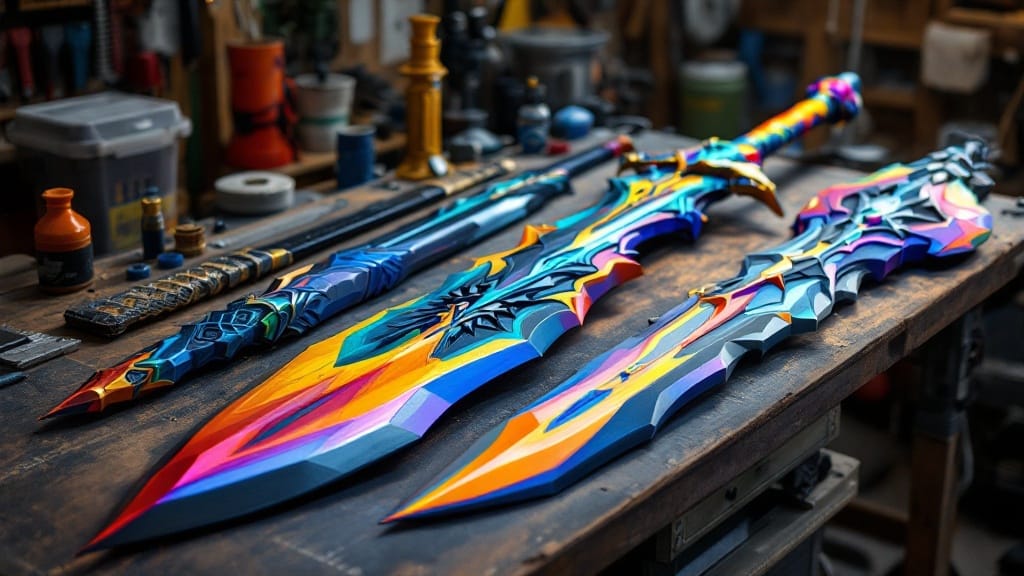 Large multicolor 3D-printed fantasy sword and armor pieces on a workbench
