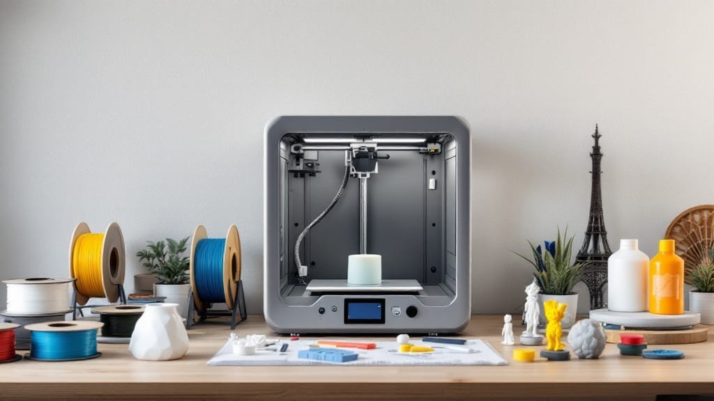 3D printing workbench with printer, filament and figures