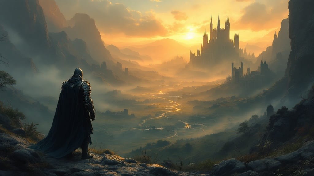 Epic fantasy RPG landscape with a lone knight