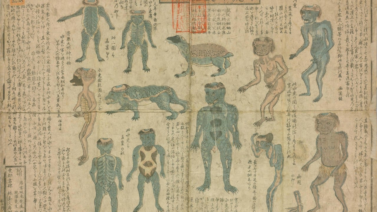 Edo-period illustrated guide to twelve types of kappa, Japanese ukiyo-e scroll