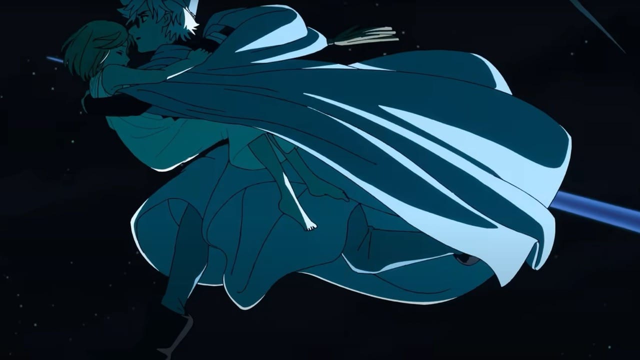 Coco and Qifrey flying on a broom in the Witch Hat Atelier anime