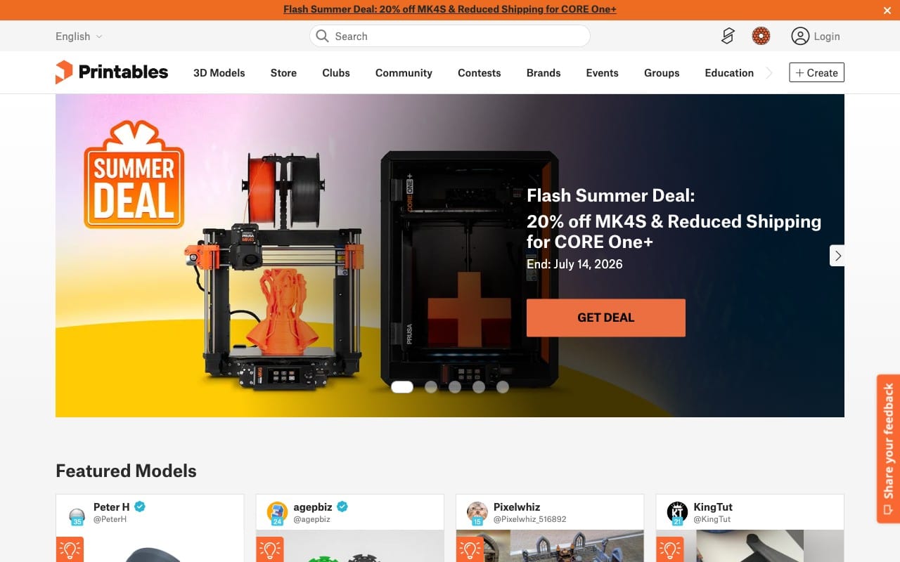 Printables 3D model community homepage