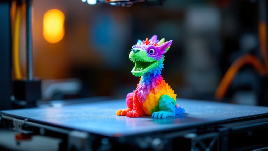 A multicolor filament-printed model on the bed of a compact open-frame 3D printer