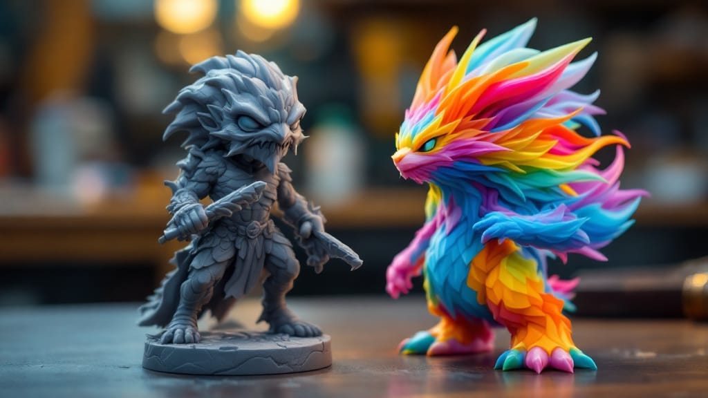 A detailed resin-printed figure beside a colorful filament-printed model on a workbench
