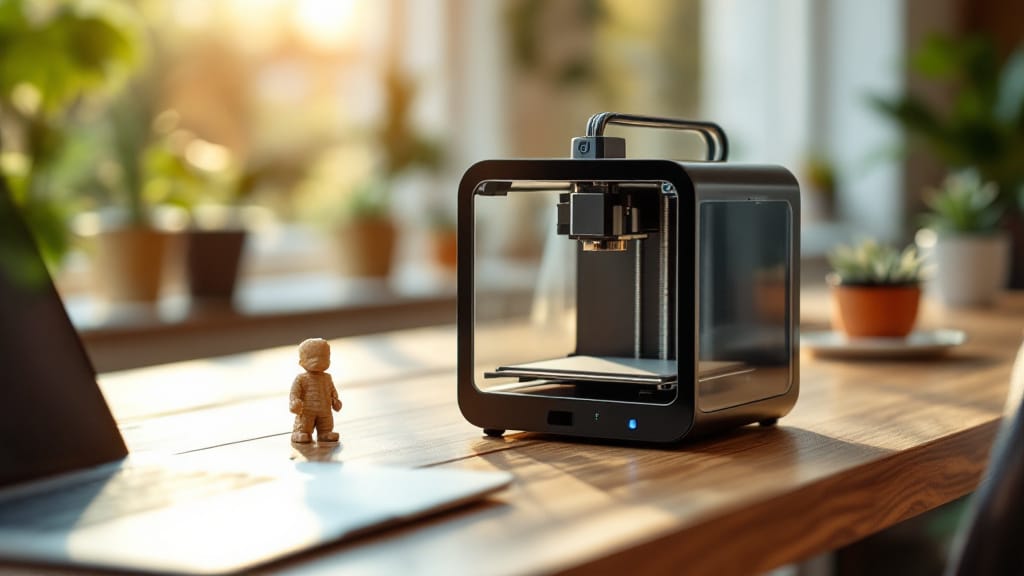 A compact desktop 3D printer on a bedroom desk beside a small printed figure