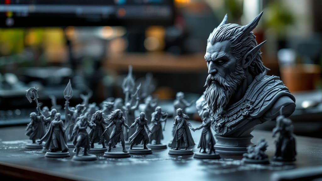 Small resin-printed figures and tabletop miniatures arranged on a desk