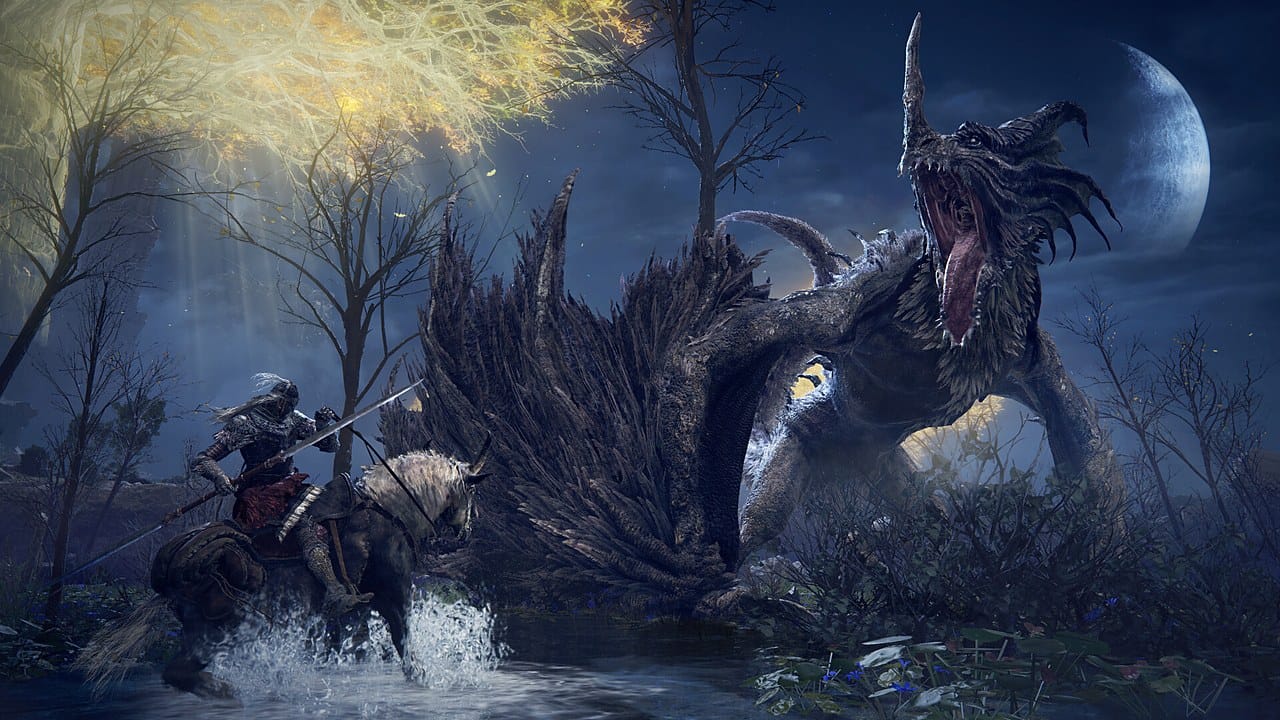 Elden Ring A-tier weapons — mounted Tarnished with spear facing a moonlit dragon