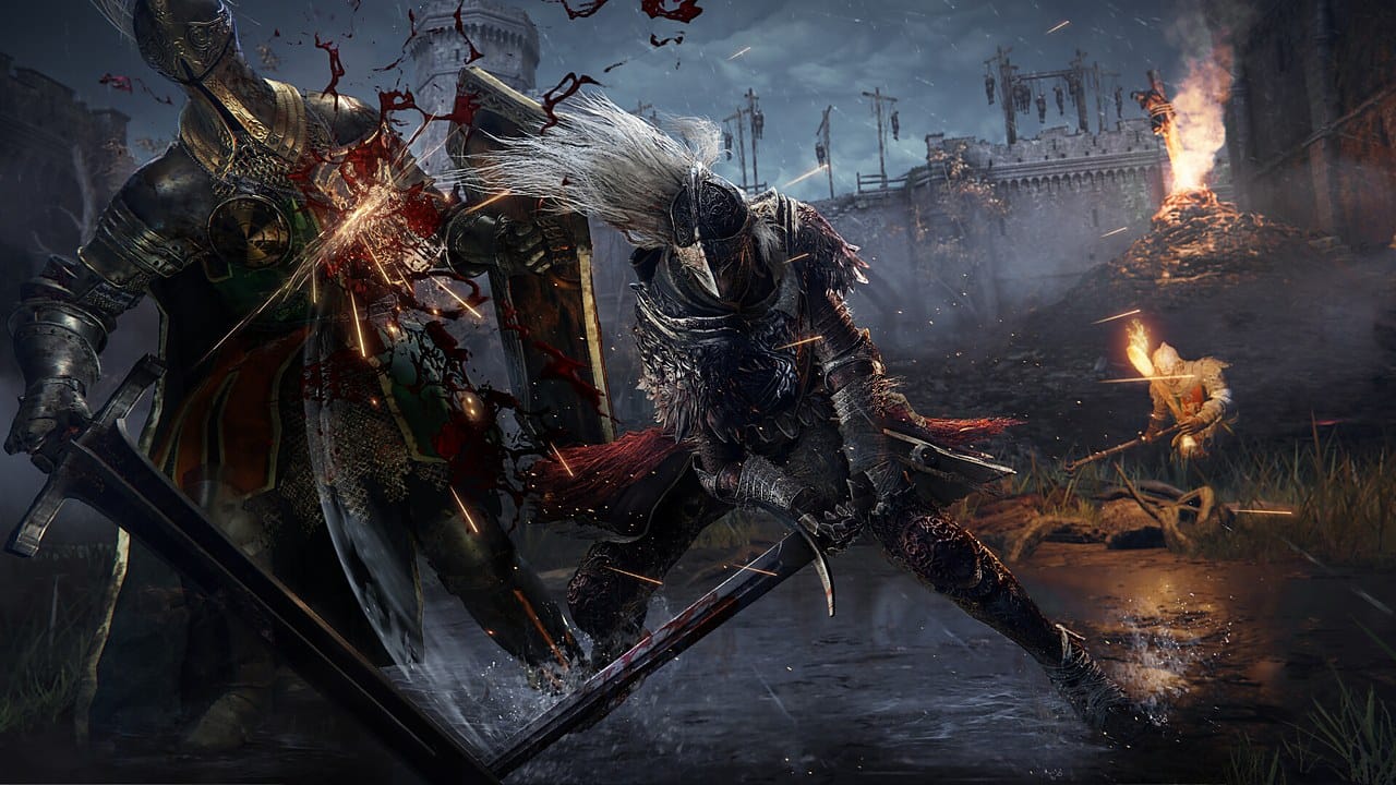 Elden Ring B-tier weapons — two knights with weapons locked in combat