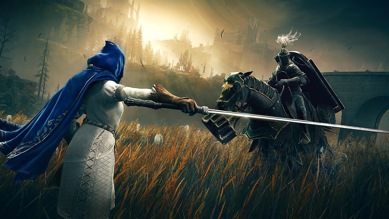 Elden Ring C-tier weapons — a spear duel against a mounted knight in daylight