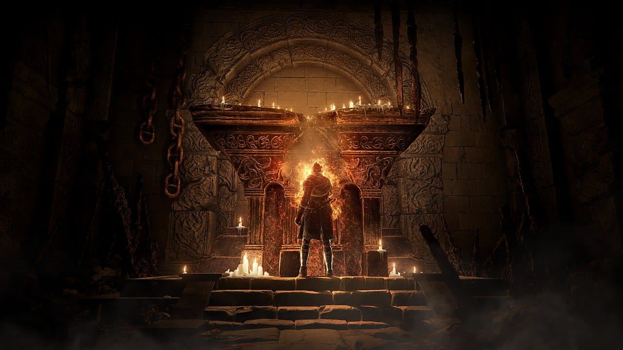 Elden Ring F-tier weapons — a lone Tarnished in a shadowed candlelit tomb