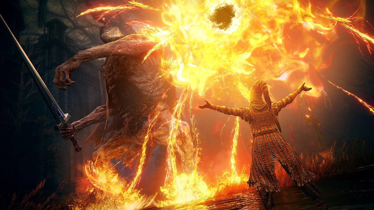 Elden Ring S-tier weapon combat — sword raised amid a burst of holy fire