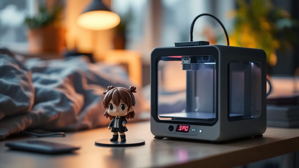 Chibi-scale printed anime figure beside a compact desktop 3D printer on a bedroom desk