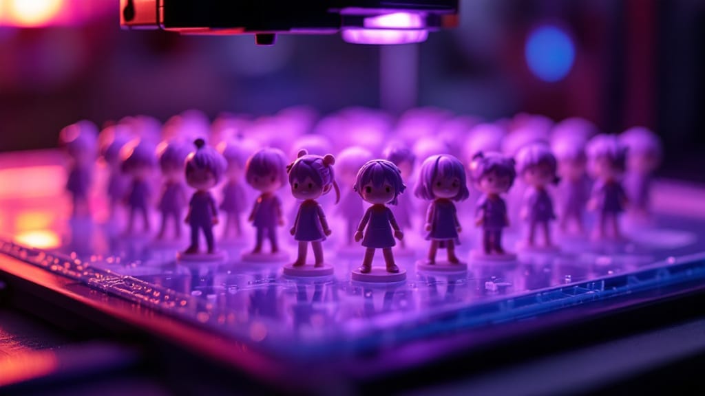 Rows of small resin-printed anime figurines curing under UV light on a printer build plate