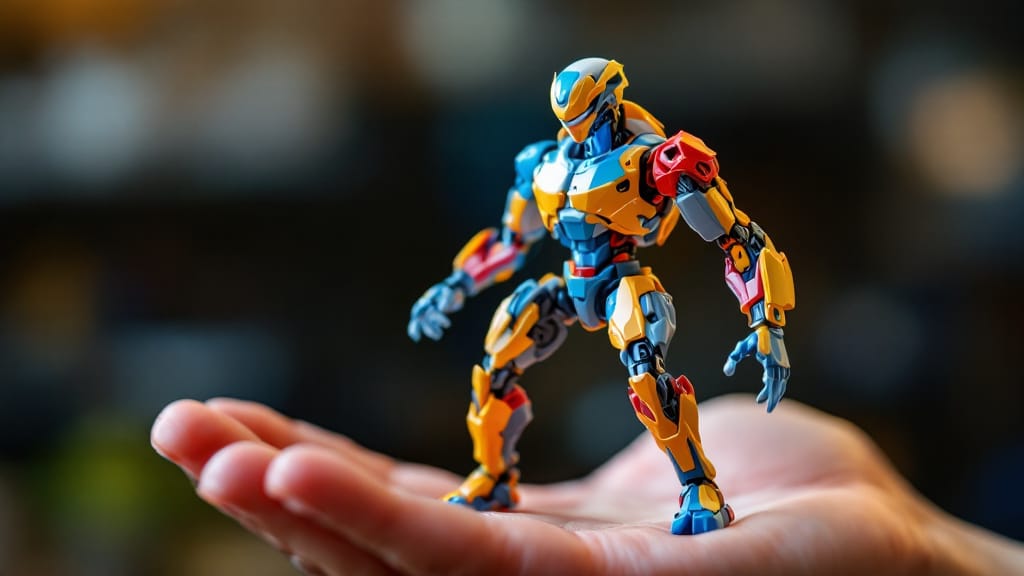 Multicolor 3D-printed articulated action figure posed in an open hand