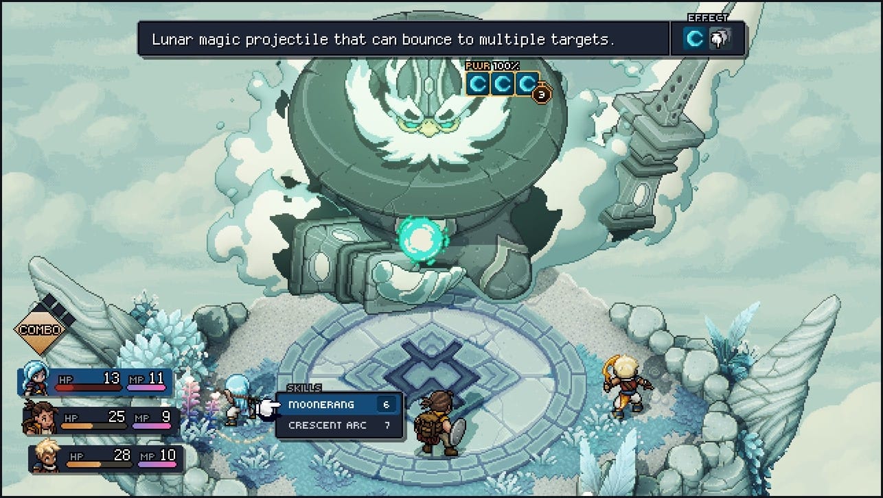 Sea of Stars combat showing the Moonerang skill with a lunar magic projectile tooltip and combo meter
