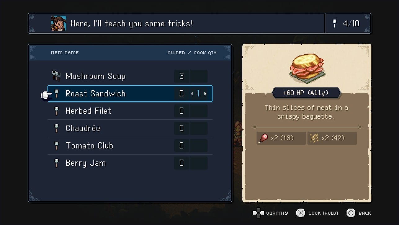 Sea of Stars cooking menu showing recipes and a Roast Sandwich restoring 60 HP