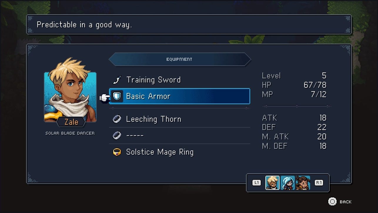 Sea of Stars equipment screen for Zale showing weapon, armor and two trinket slots with stat totals
