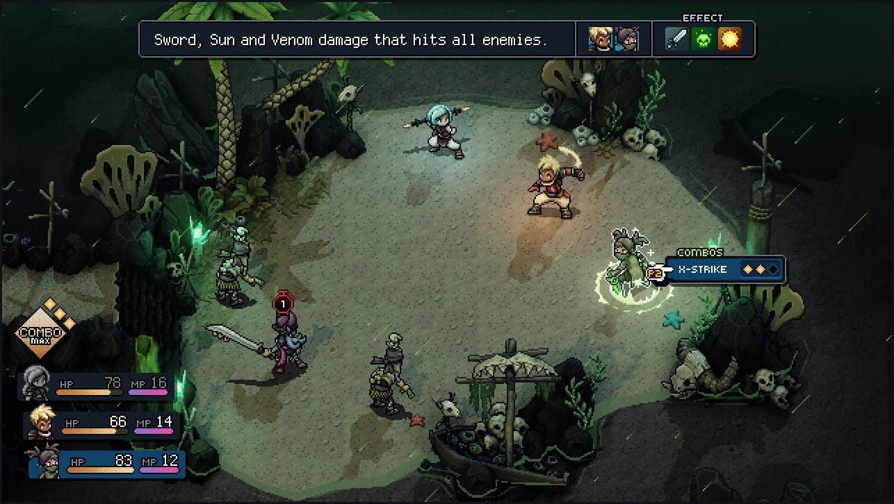 Sea of Stars combat showing a party combo attack with enemy lock icons displayed above the target