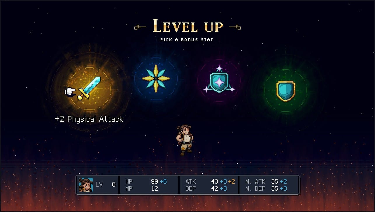 Sea of Stars level up screen showing four bonus stat options with +2 Physical Attack selected