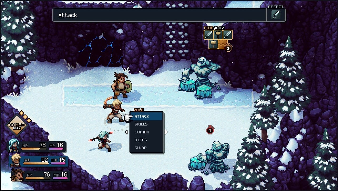 Sea of Stars battle menu showing Attack, Skills, Combo, Items and Swap options with enemy lock icons