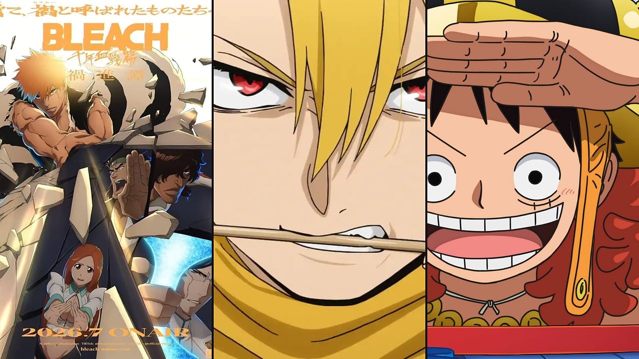 Three-panel split showing the Bleach: Thousand-Year Blood War Part 4 key visual, Yuru from Daemons of the Shadow Realm, and Luffy in the One Piece Elbaf arc