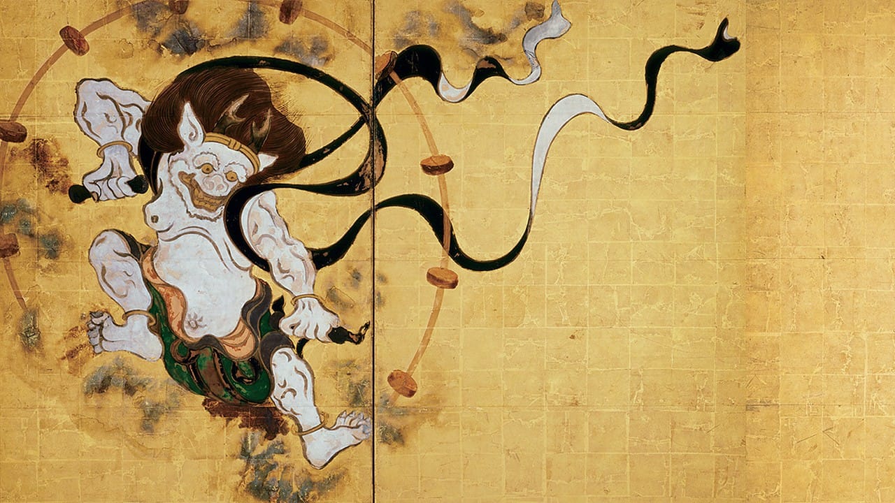 Raijin, the Japanese thunder god, surrounded by his ring of taiko drums in Tawaraya Sotatsu's gold-leaf folding screen