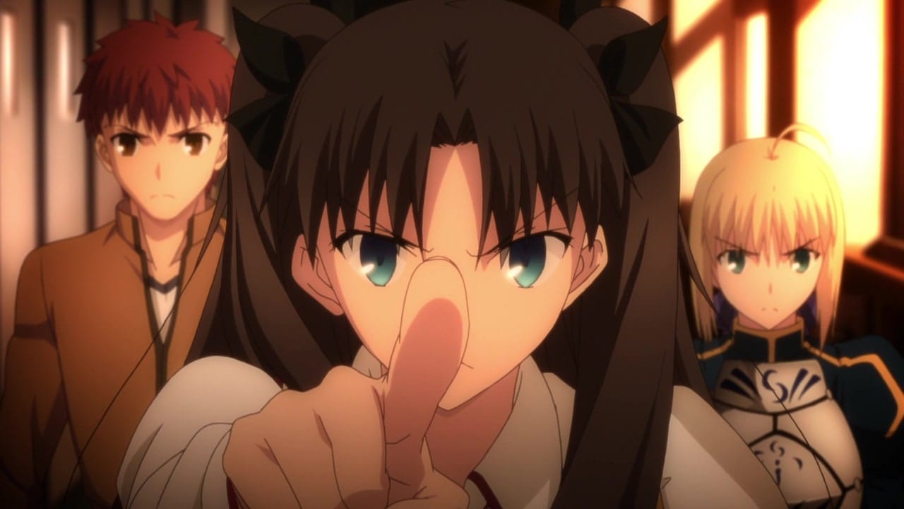 Rin pointing at Shirou while Saber watches in Fate/stay night Unlimited Blade Works