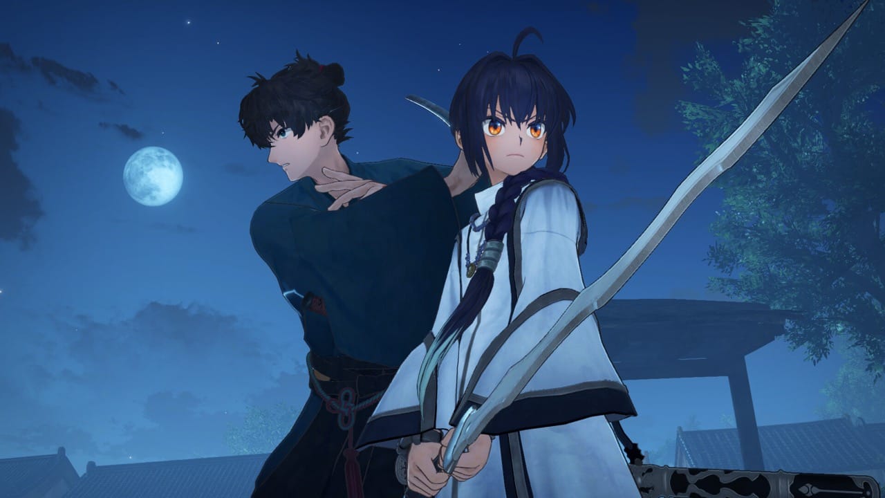 Miyamoto Iori and Saber under a full moon in Fate/Samurai Remnant