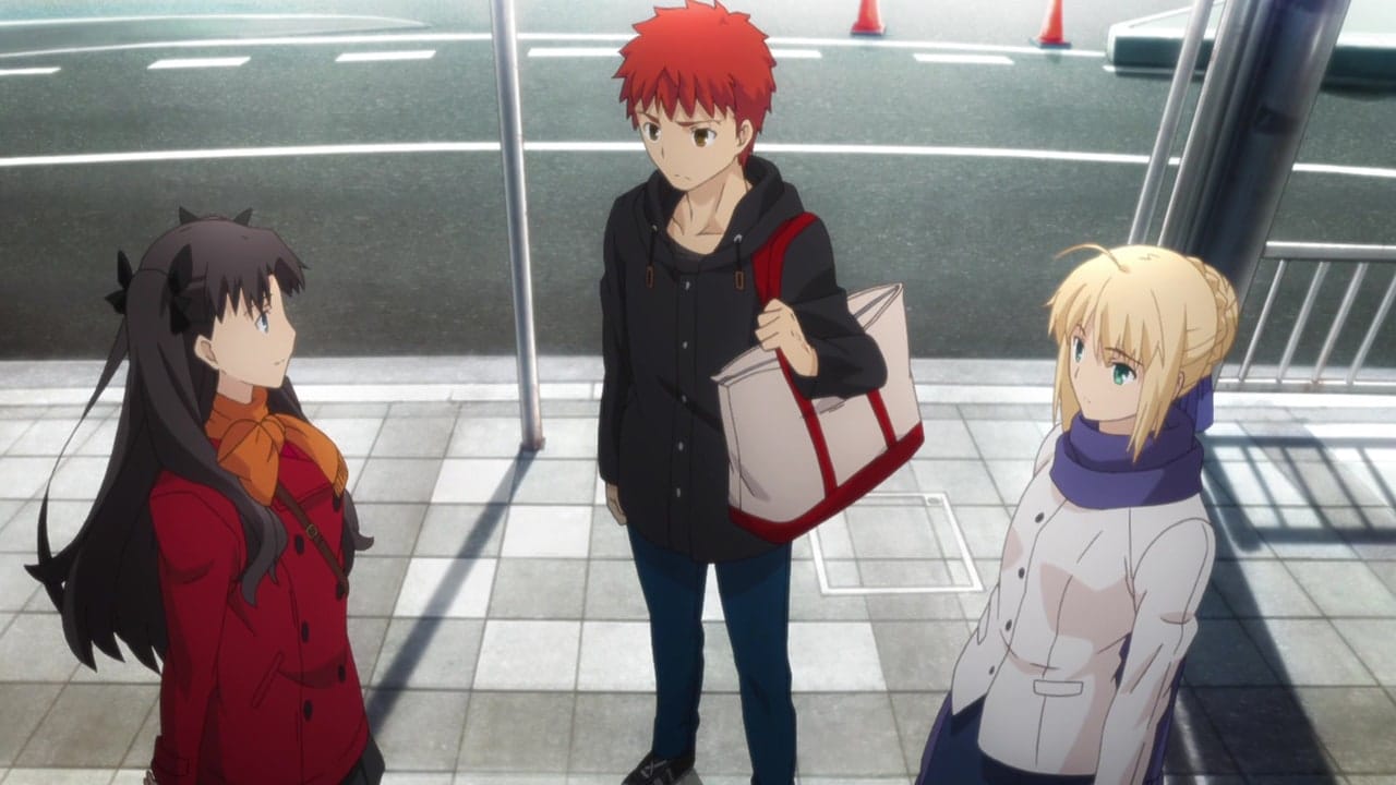 Rin, Shirou and Saber on a city street in Unlimited Blade Works