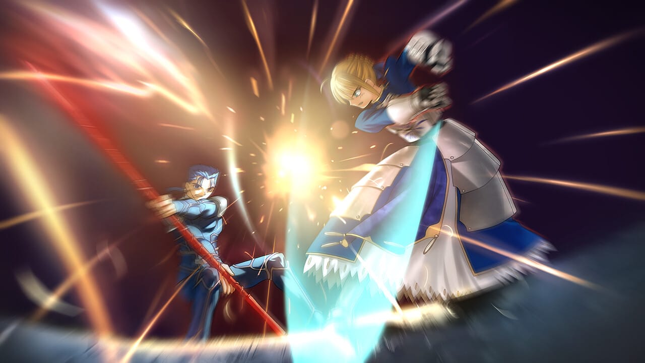 Saber clashing with Lancer in the Fate/stay night visual novel